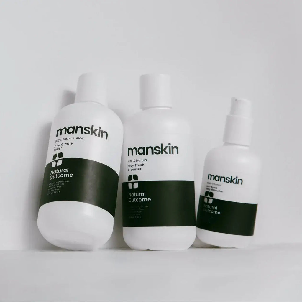 Man Skin Kit - 3 Step Daily Regimen Set including face wash, toner, and moisturizer for men's skincare needs.