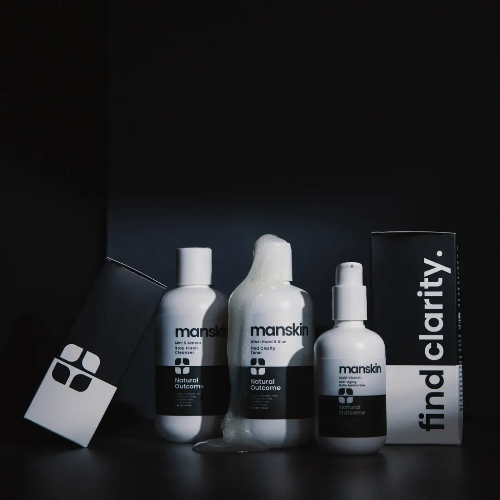 Man Skin Kit - 3 Step Daily Regimen Set including face wash, toner, and moisturizer for men.