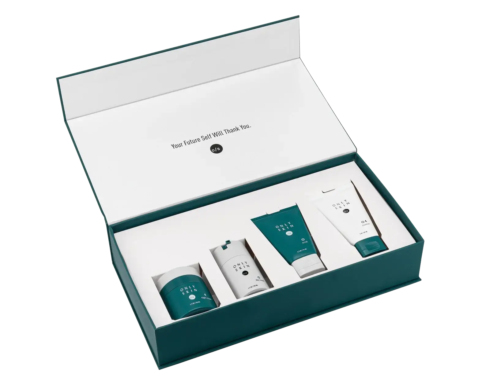 Essential face care kit with four skincare products for daily cleansing, exfoliating, and moisturizing.