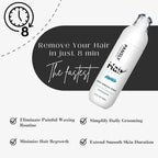 Hair removal spray bottle with text highlighting quick hair removal and benefits on a black and white background