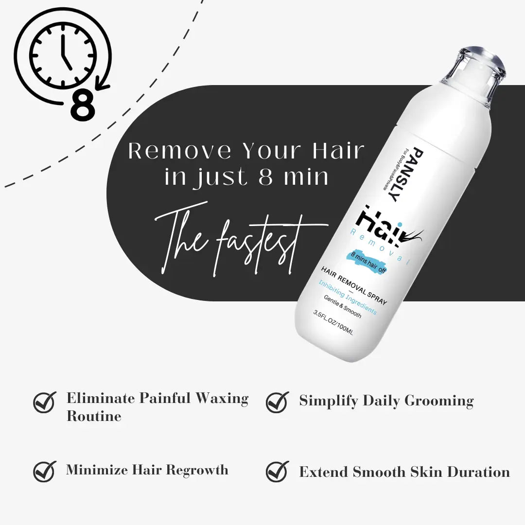 Hair removal spray bottle with text highlighting quick hair removal and benefits on a black and white background