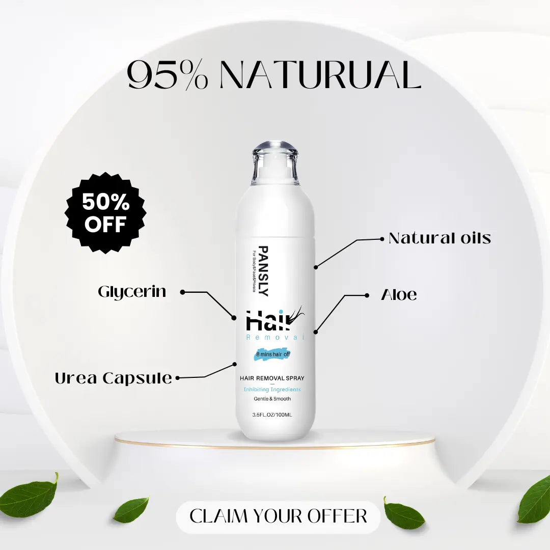hair removal spray bottle with ingredients listed on a white background